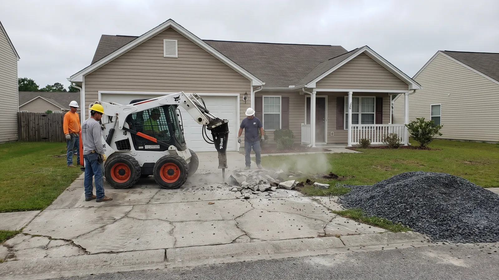 Crew breaking out a cracked, sunken builder-grade driveway at a 2005-era subdivision home with new gravel base staged beside it