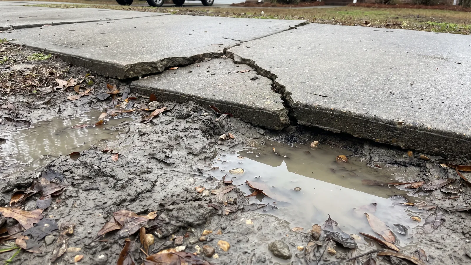 Close-up of a cracked and heaved concrete sidewalk panel beside wet gray clay and standing water in a South Carolina yard after heavy rain