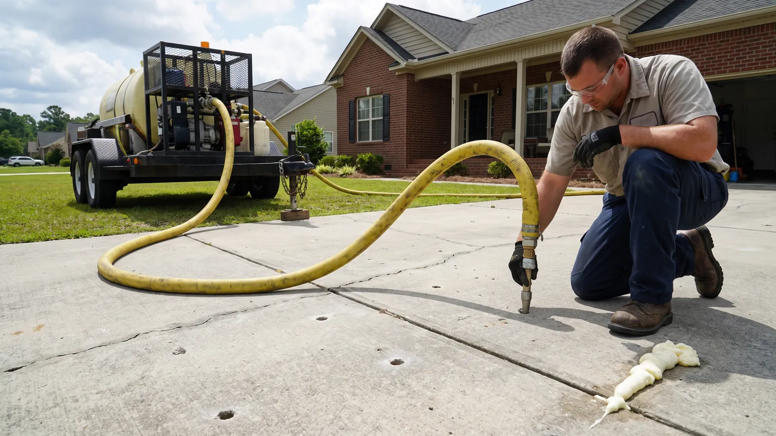 Technician injecting polyurethane foam through small drilled holes to lift a sunken concrete driveway at a brick home in a South Carolina subdivision